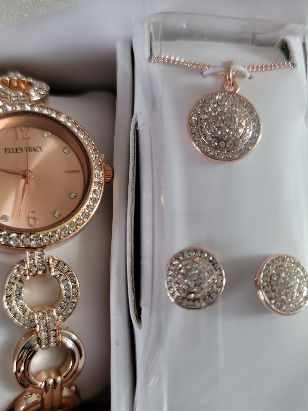 Ellen Tracy Rose Gold Crystal Watch & Jewelry Set